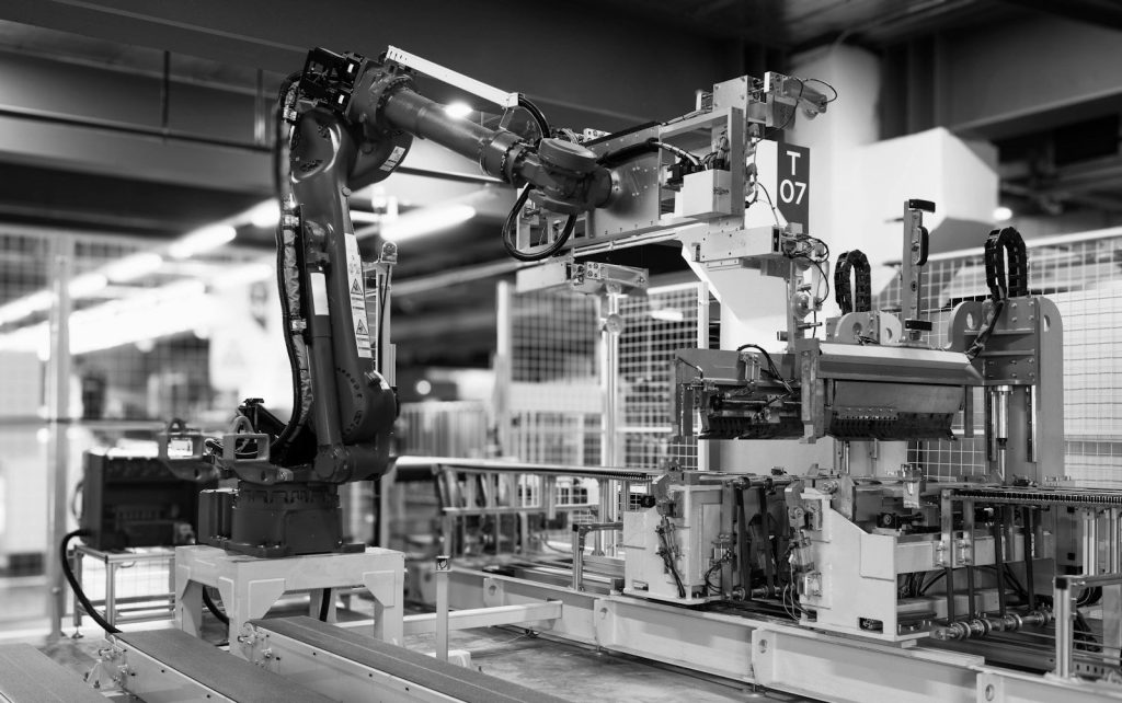 A robotic arm on a factory production line