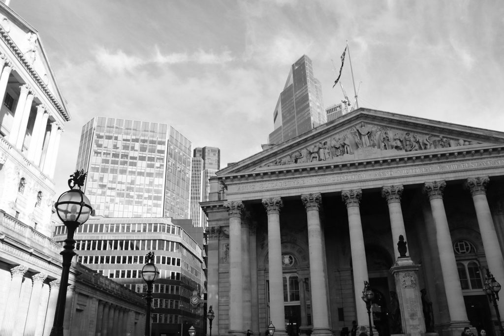 The Royal Exchange in London, its portico and columns flying a flag